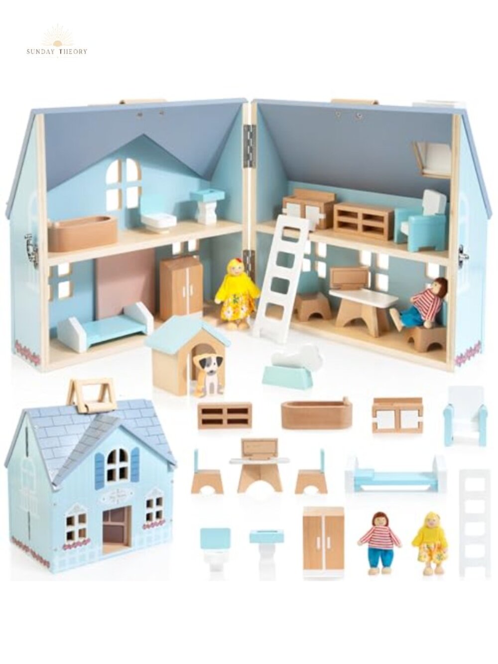 Foldable Wooden Dollhouse with 2 Dolls & Pet Set - Complete Family Home Playset